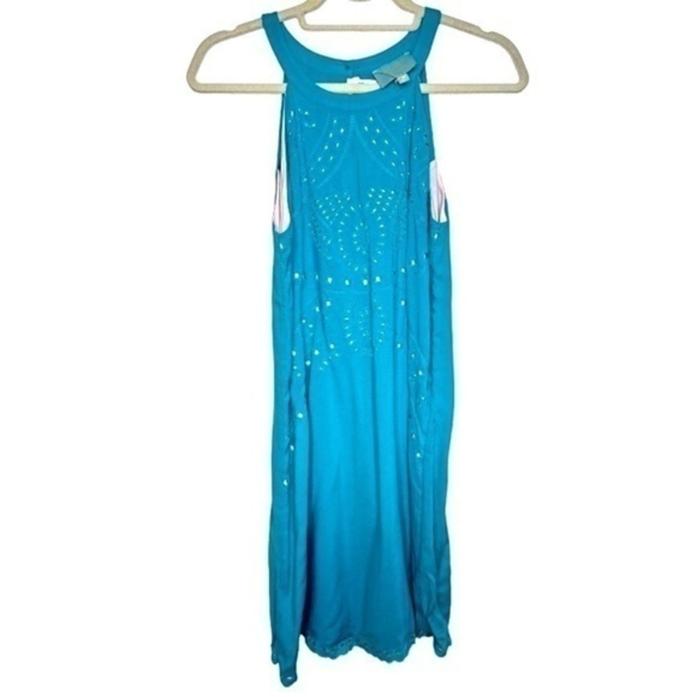 SKIES are Blue Sz xs Teal Blue Embroidered Eyelet Halter Sheath Dress NWT